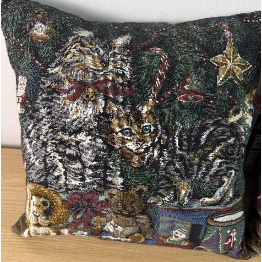 Christmas Cat Tapestry Throw Pillows Pair Woven Holiday Tree Teddy Bear Decor